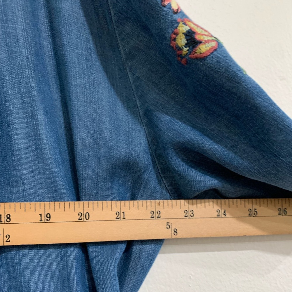 XL Chambray Floral Embroidered Open Front Cardigan Kimono Boho Spring Coastal - Picture 15 of 16